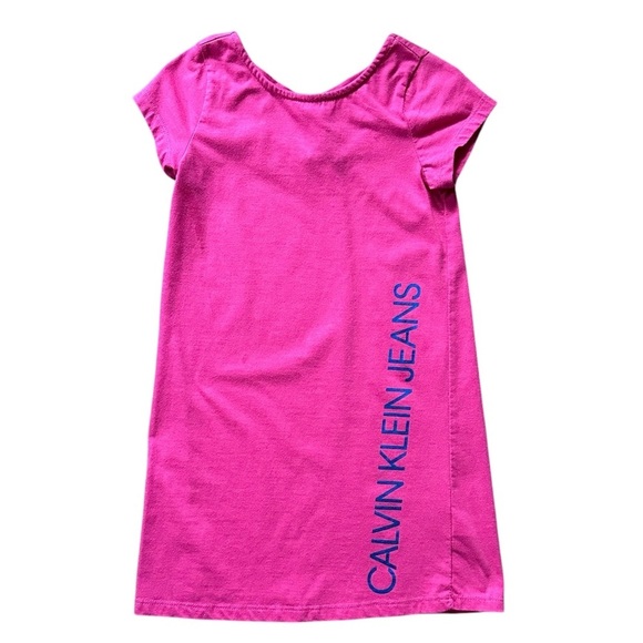 Calvin Klein Jeans Pink T-Shirt Short Dress w/ Blue Logo & Criss Cross Back 6X - Picture 1 of 6